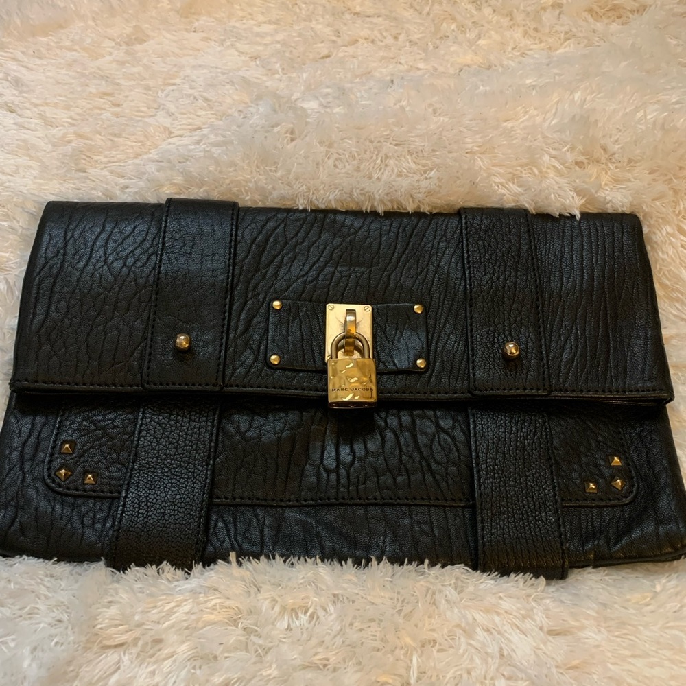 Marc Jacobs black leather lock clutch